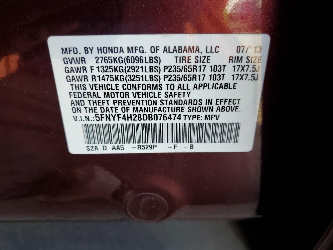 5FNYF4H28DB076474 2013 Honda Pilot Lx