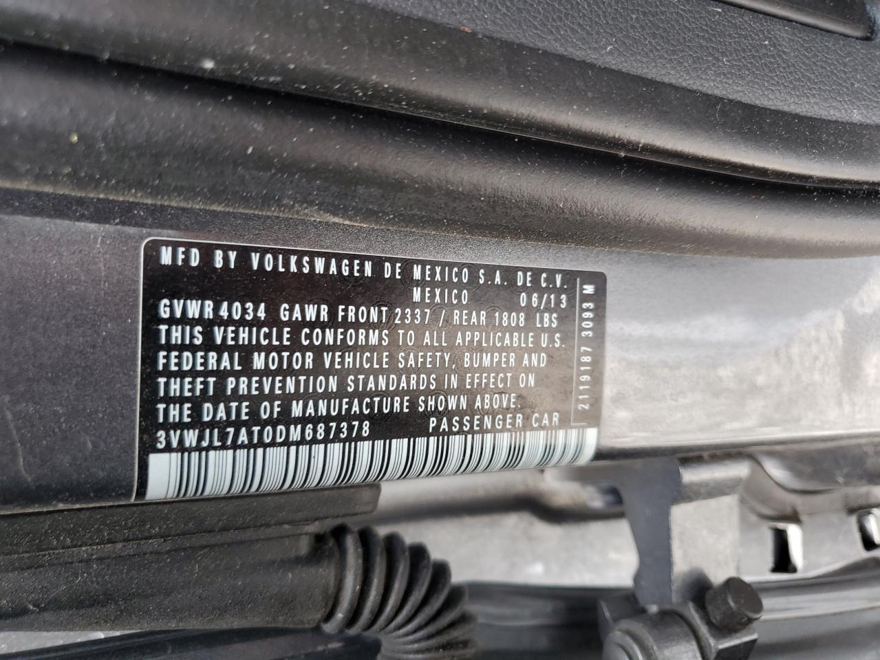 2013 Volkswagen Beetle VIN: 3VWJL7AT0DM687378 Lot: 67762304