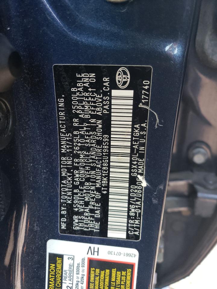 2016 Toyota Avalon Xle VIN: 4T1BK1EB8GU198599 Lot: 65238184