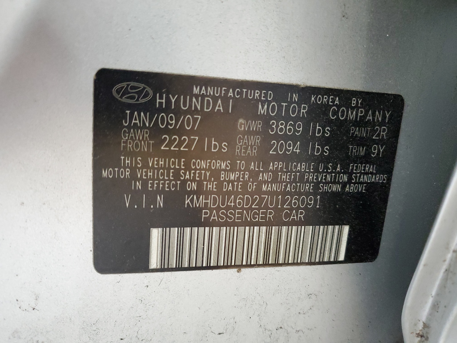 KMHDU46D27U126091 2007 Hyundai Elantra Gls
