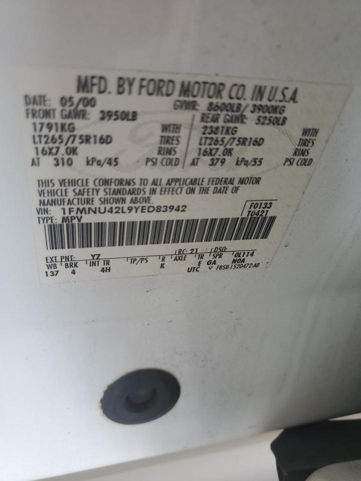 2000 Ford Excursion Limited VIN: 1FMNU42L9YED83942 Lot: 68392574