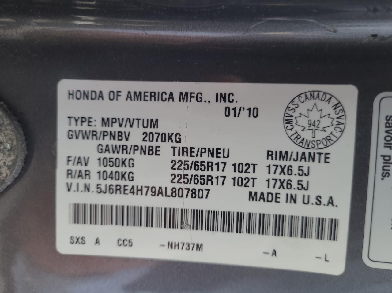 5J6RE4H79AL807807 2010 Honda Cr-V Exl