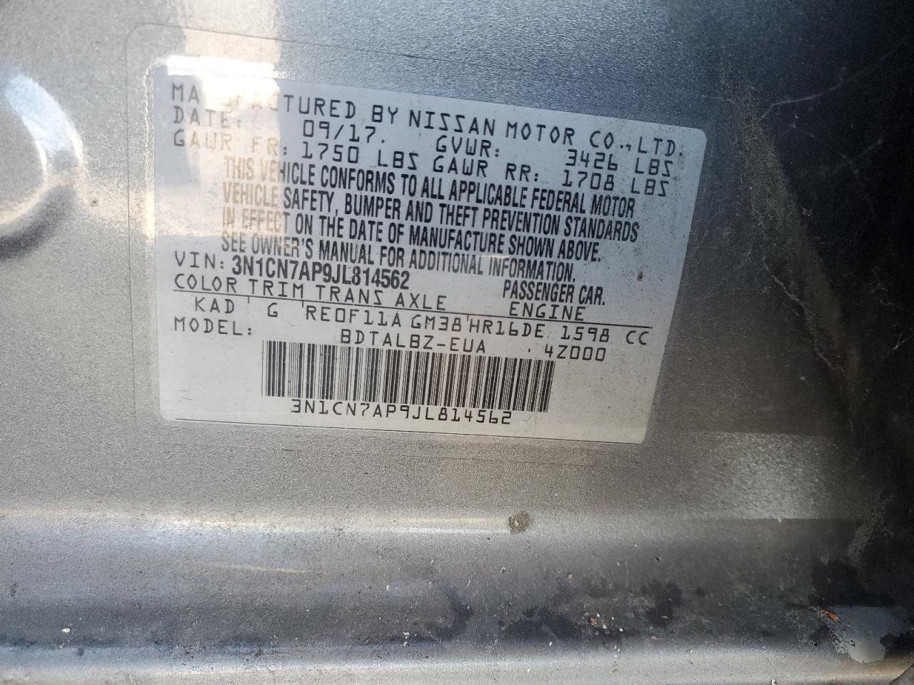 3N1CN7AP9JL814562 2018 Nissan Versa S