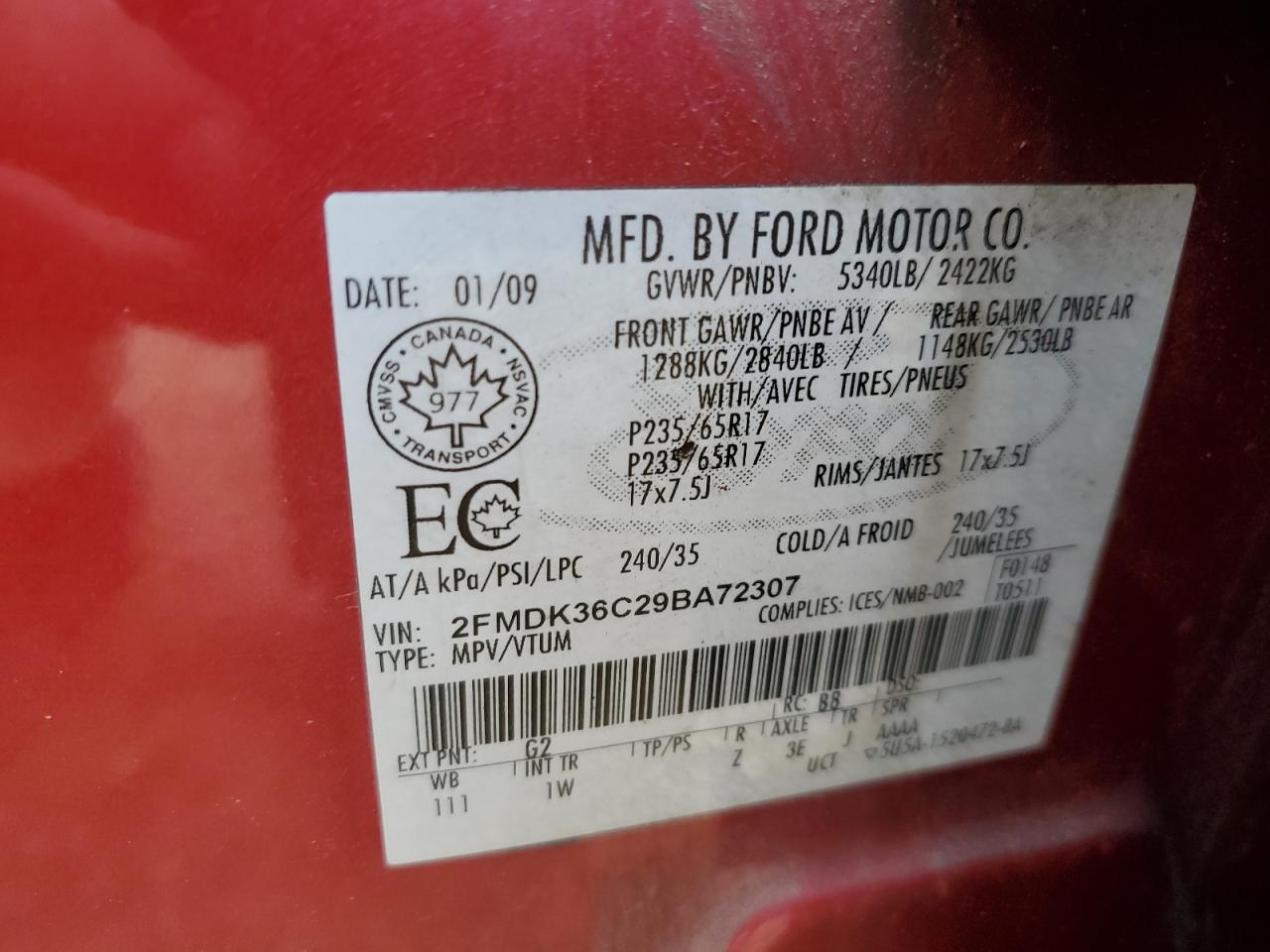 2FMDK36C29BA72307 2009 Ford Edge Se