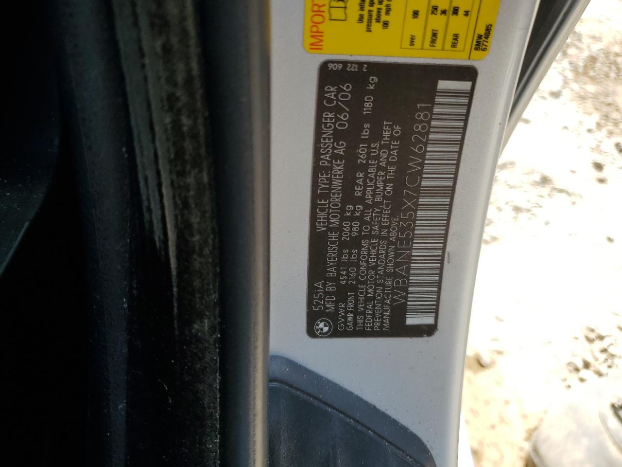 2007 BMW 525 I VIN: WBANE535X7CW62881 Lot: 85792094
