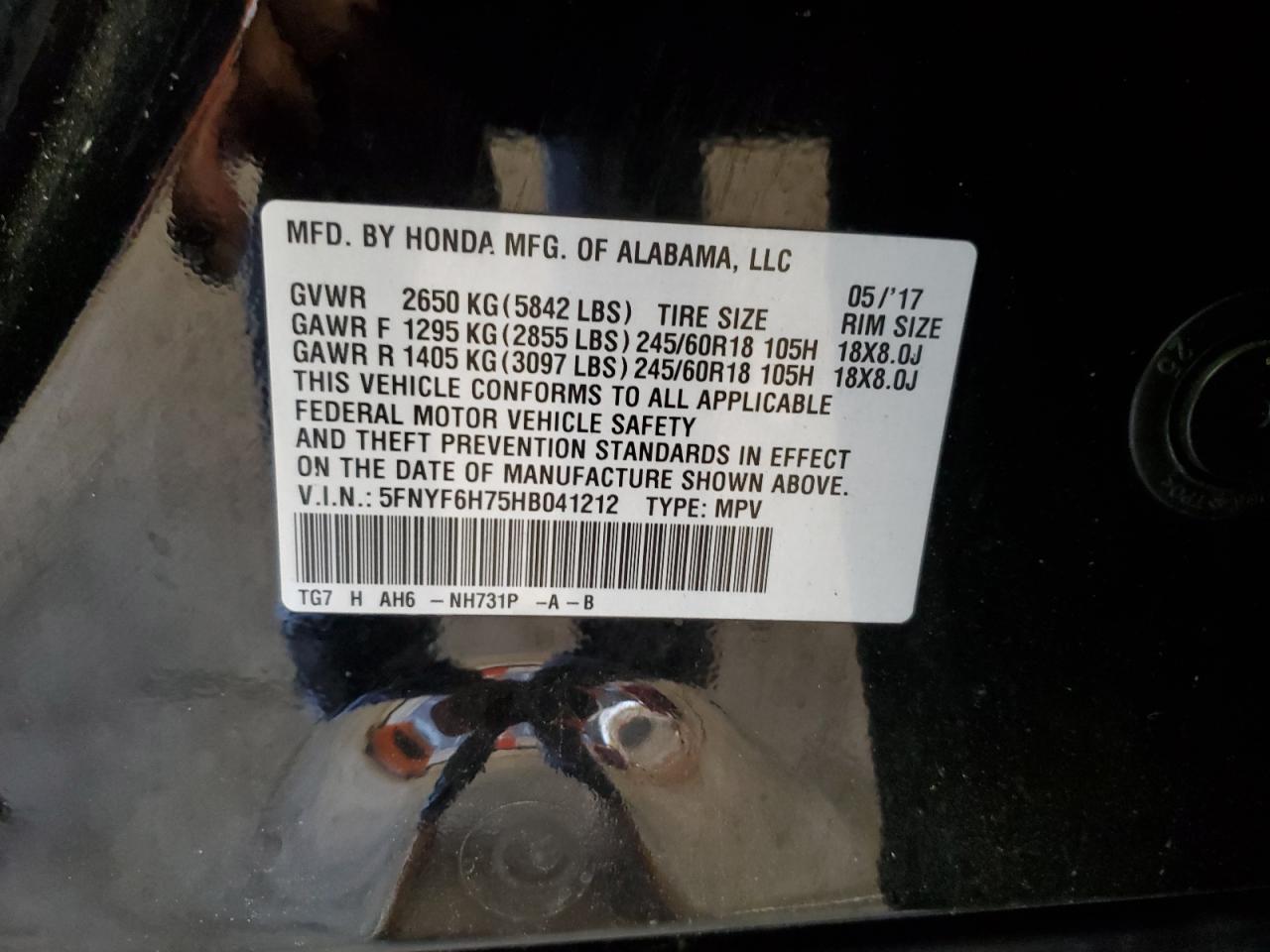 2017 Honda Pilot Exln VIN: 5FNYF6H75HB041212 Lot: 67104304