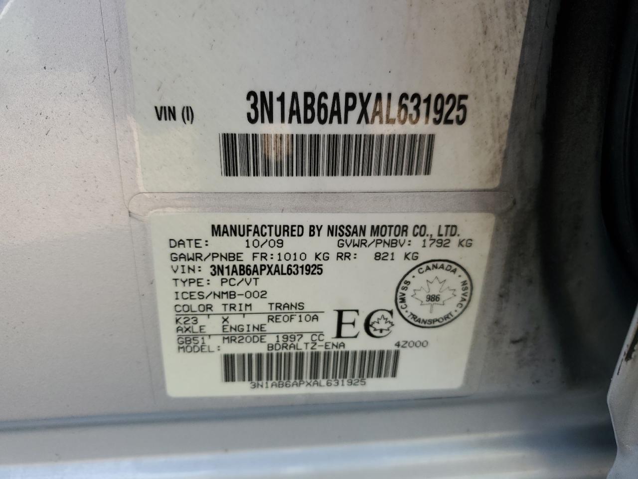 2010 Nissan Sentra 2.0 VIN: 3N1AB6APXAL631925 Lot: 66016534