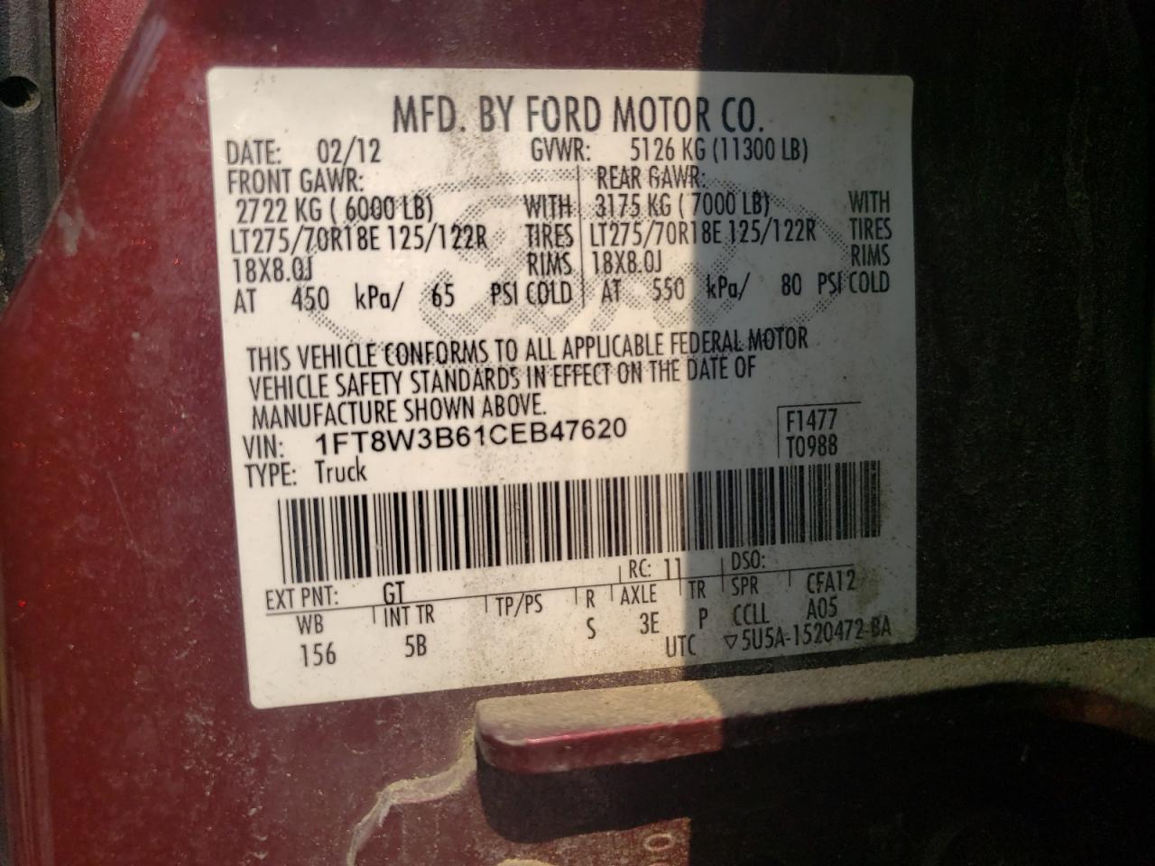 1FT8W3B61CEB47620 2012 Ford F350 Super Duty