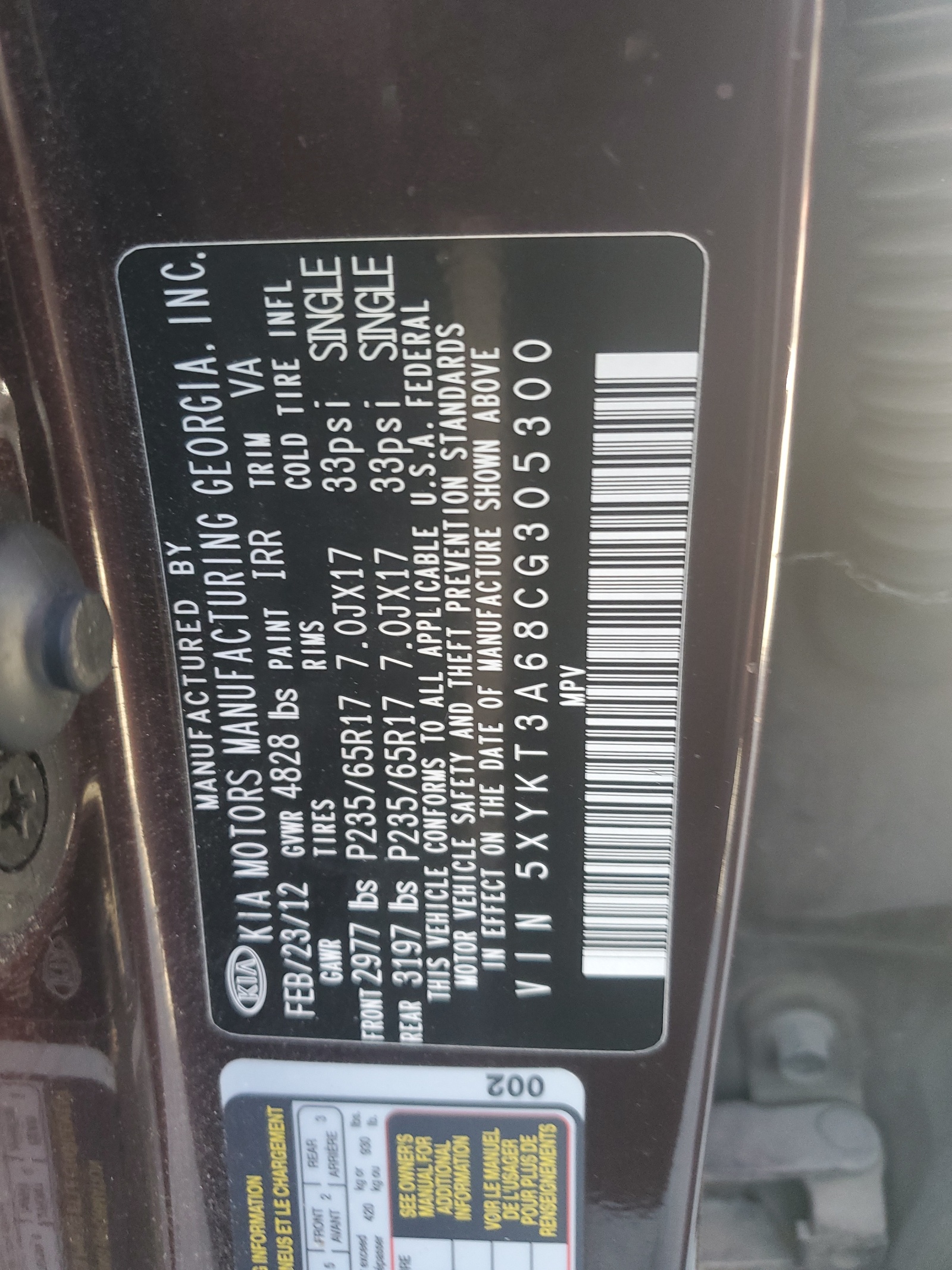 5XYKT3A68CG305300 2012 Kia Sorento Base