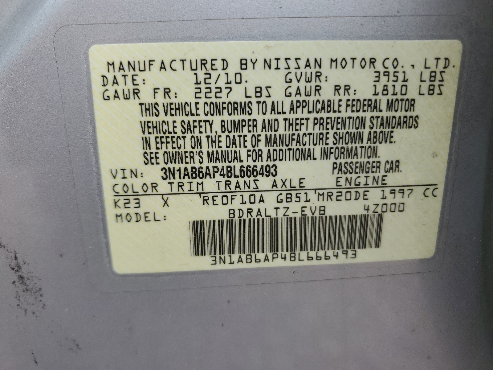 3N1AB6AP4BL666493 2011 Nissan Sentra 2.0