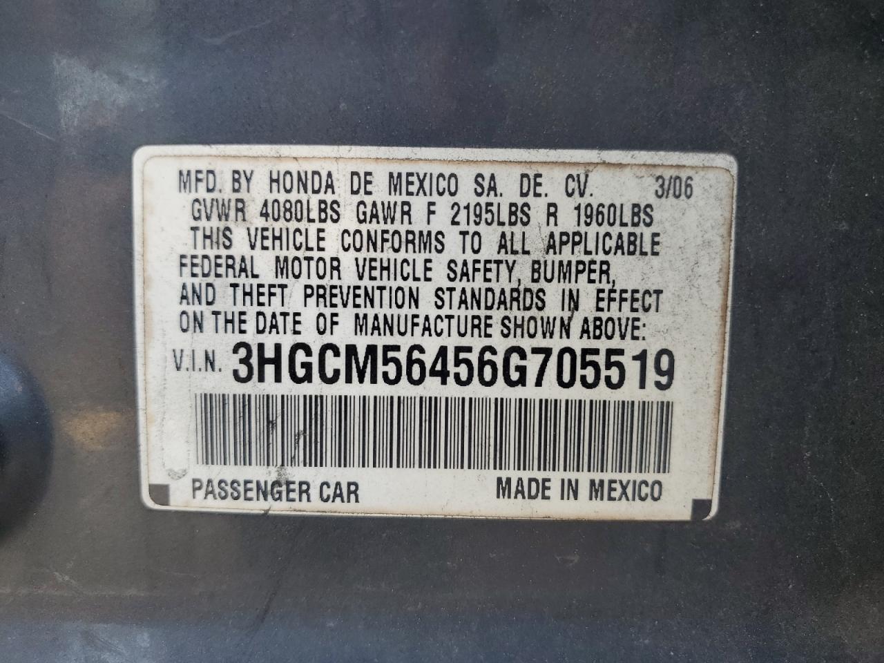 2006 Honda Accord Lx VIN: 3HGCM56456G705519 Lot: 66409964