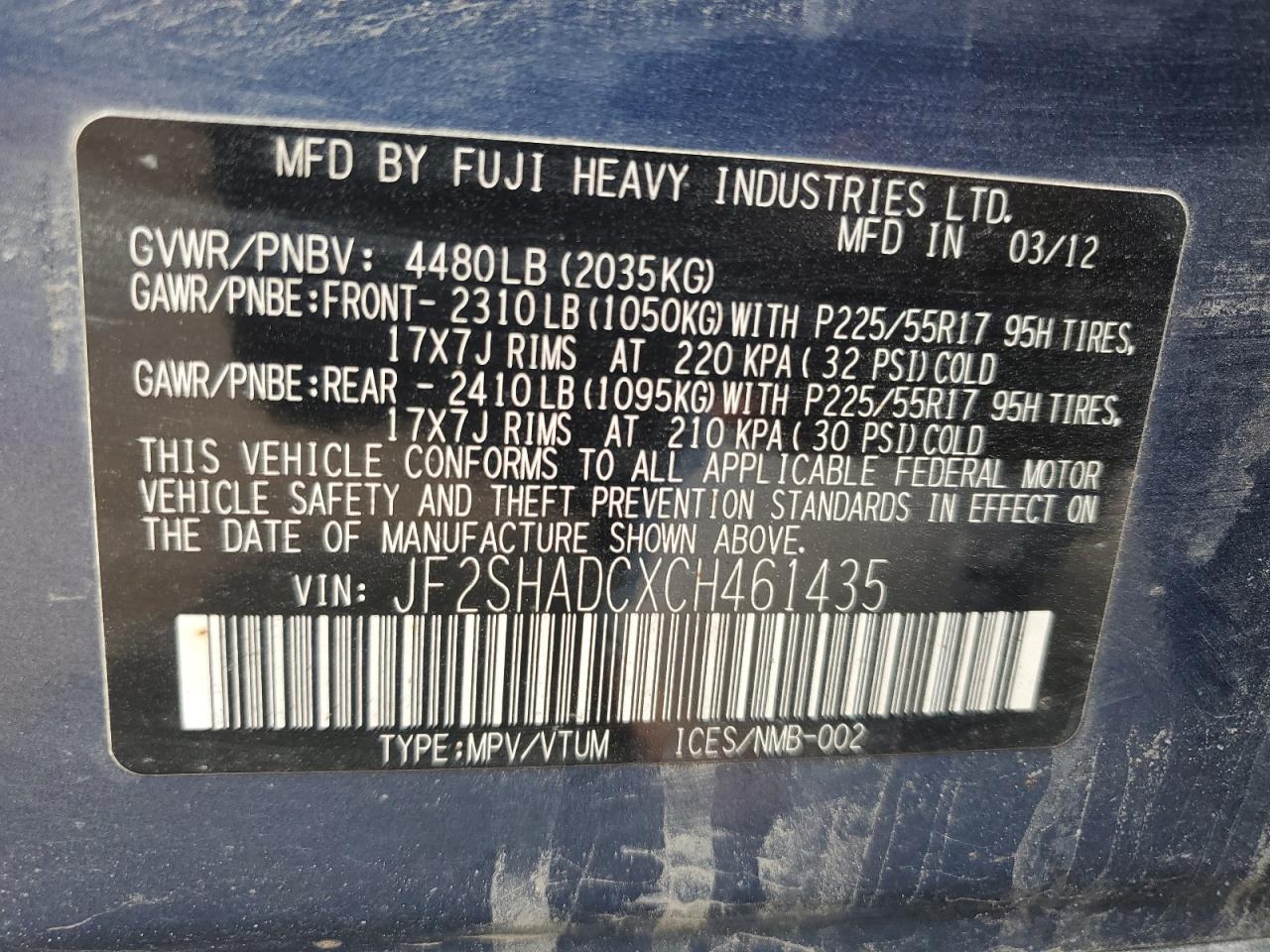 2012 Subaru Forester 2.5X Premium VIN: JF2SHADCXCH461435 Lot: 66953194