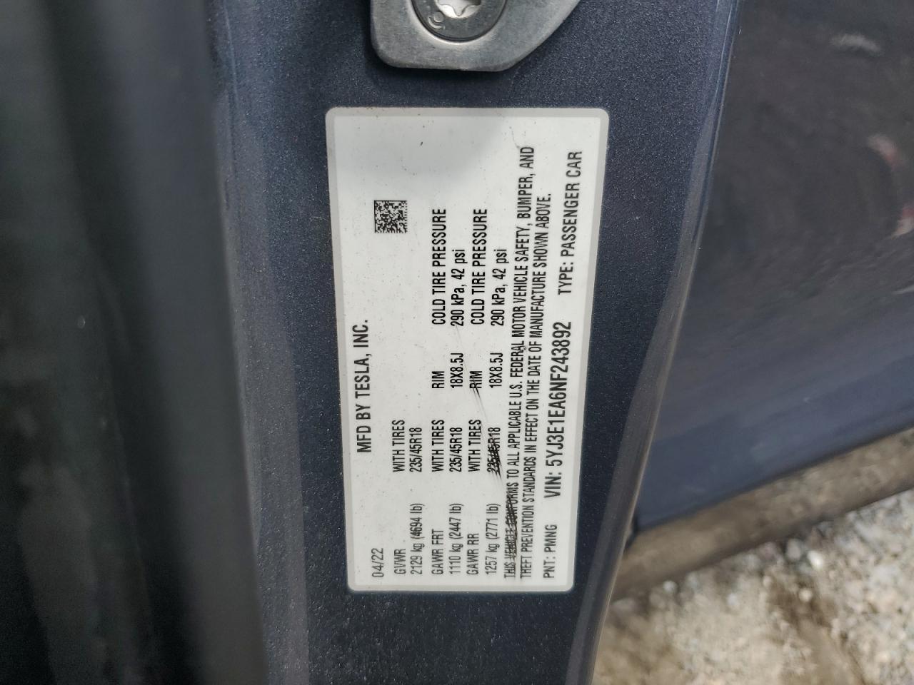 5YJ3E1EA6NF243892 2022 Tesla Model 3