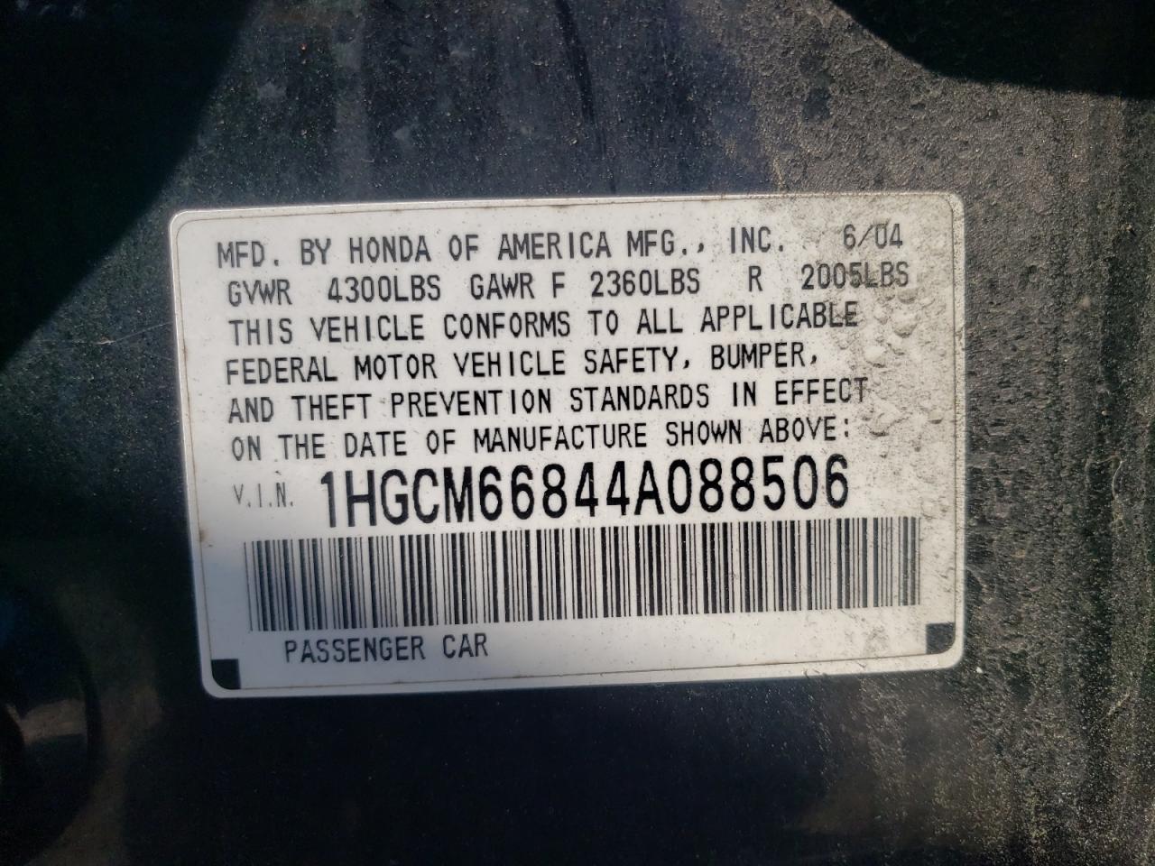 2004 Honda Accord Ex VIN: 1HGCM66844A088506 Lot: 68770124