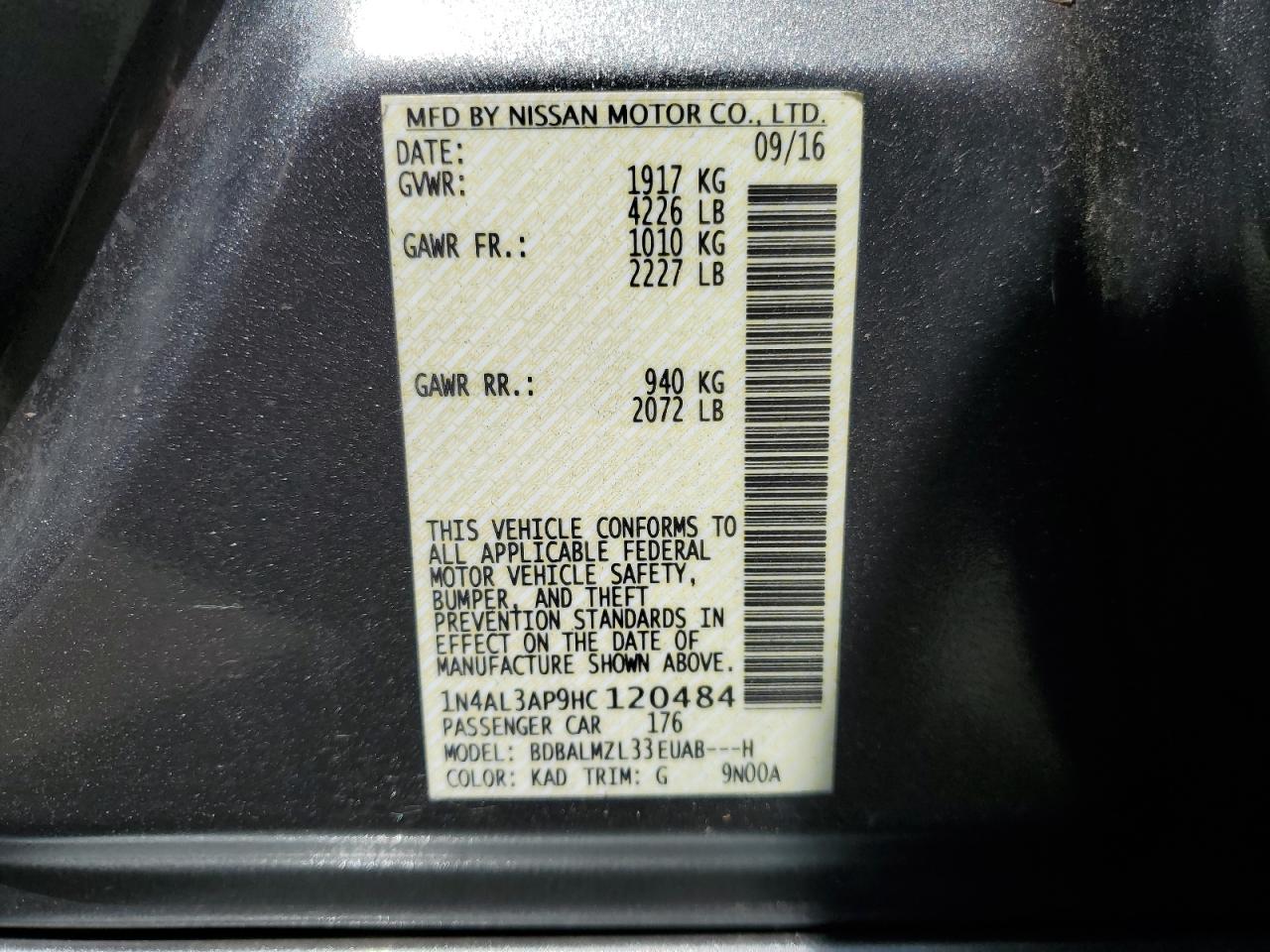 2017 Nissan Altima 2.5 VIN: 1N4AL3AP9HC120484 Lot: 68222204