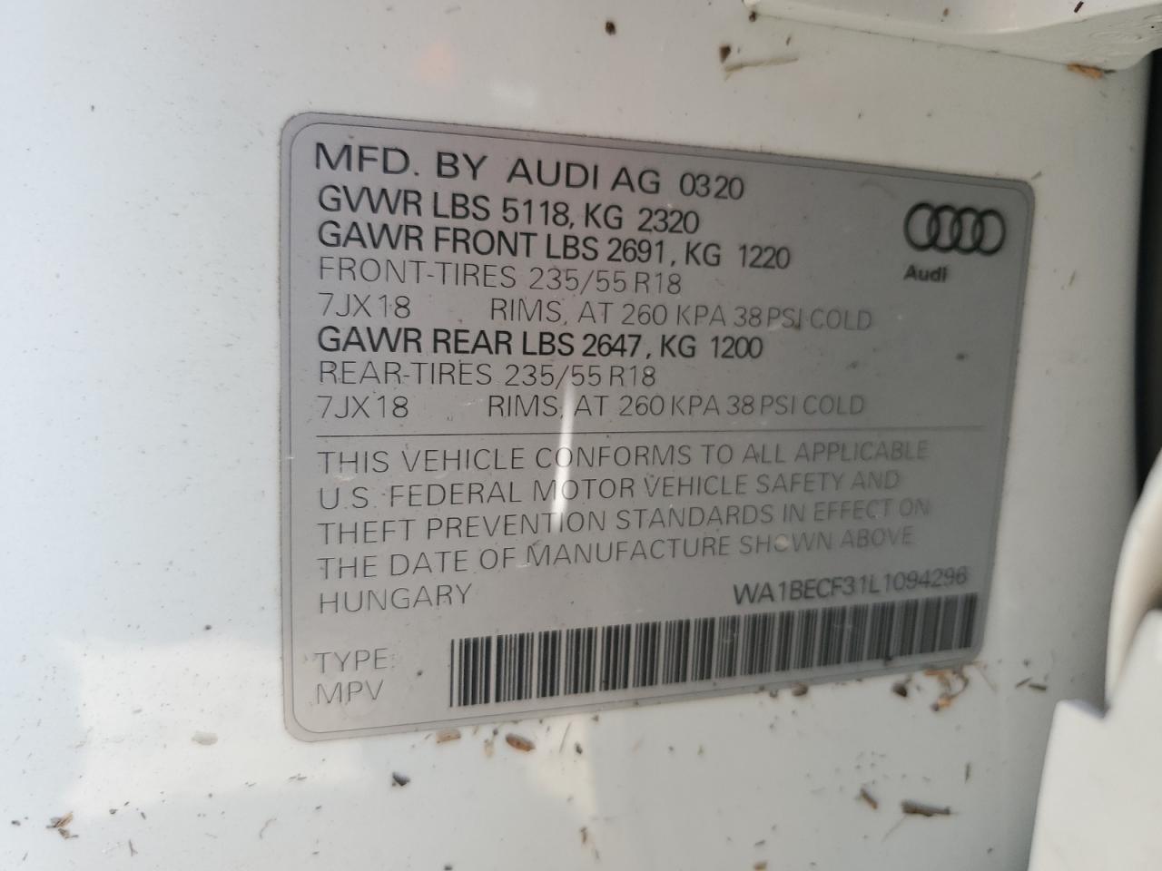 WA1BECF31L1094296 2020 Audi Q3 Premium Plus