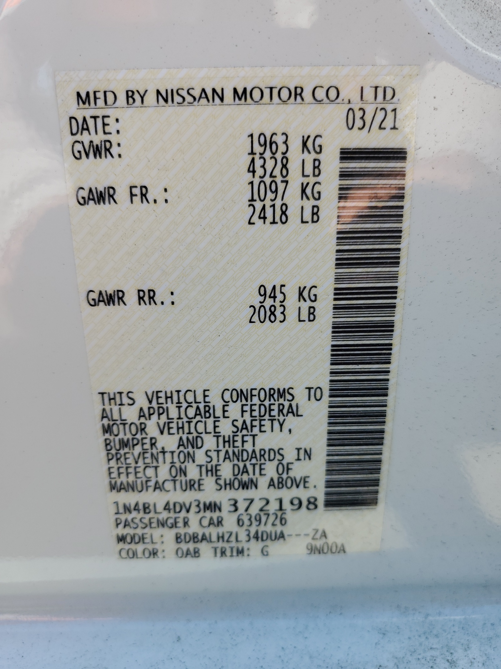 1N4BL4DV3MN372198 2021 Nissan Altima Sv