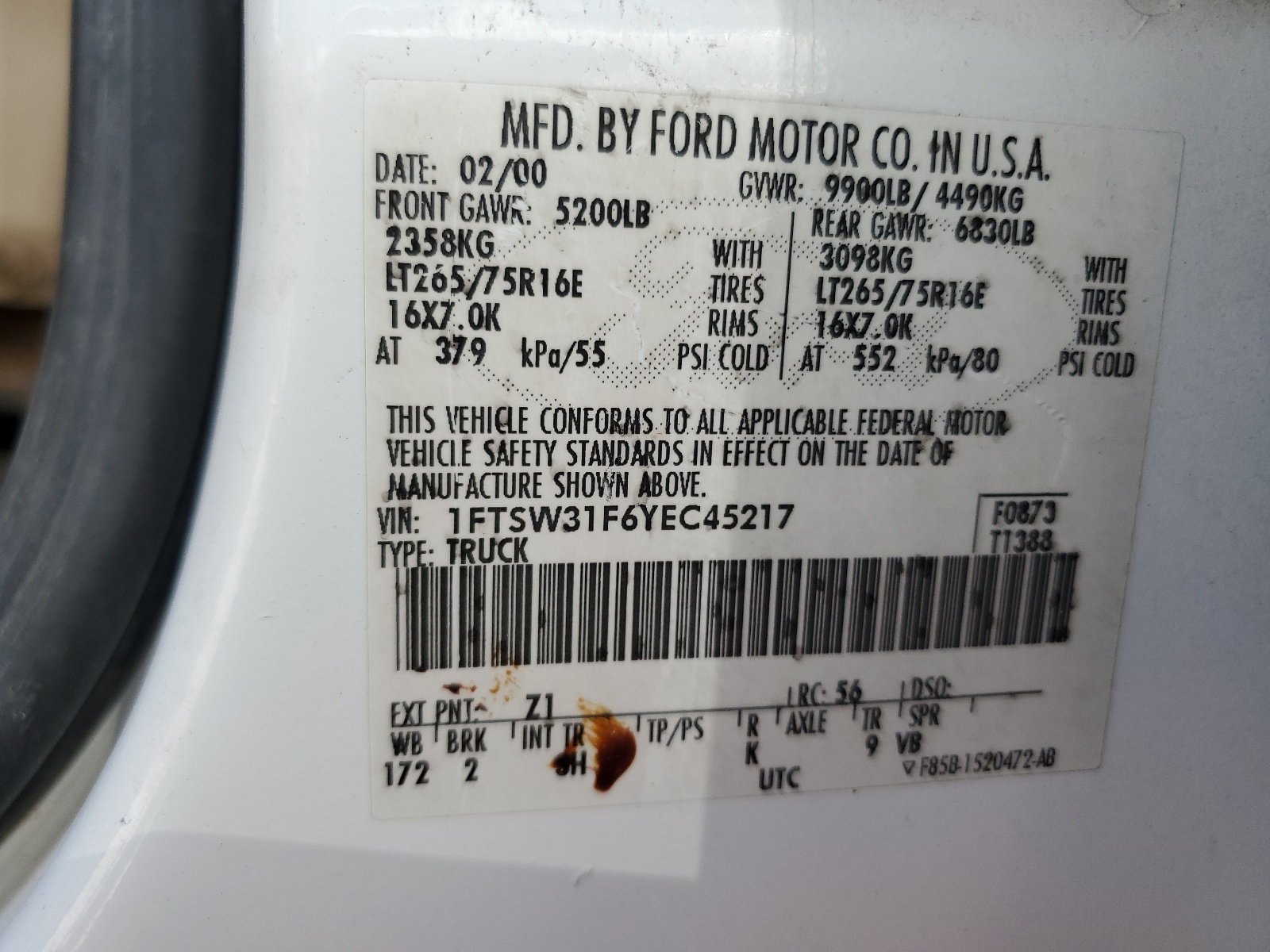 1FTSW31F6YEC45217 2000 Ford F350 Srw Super Duty