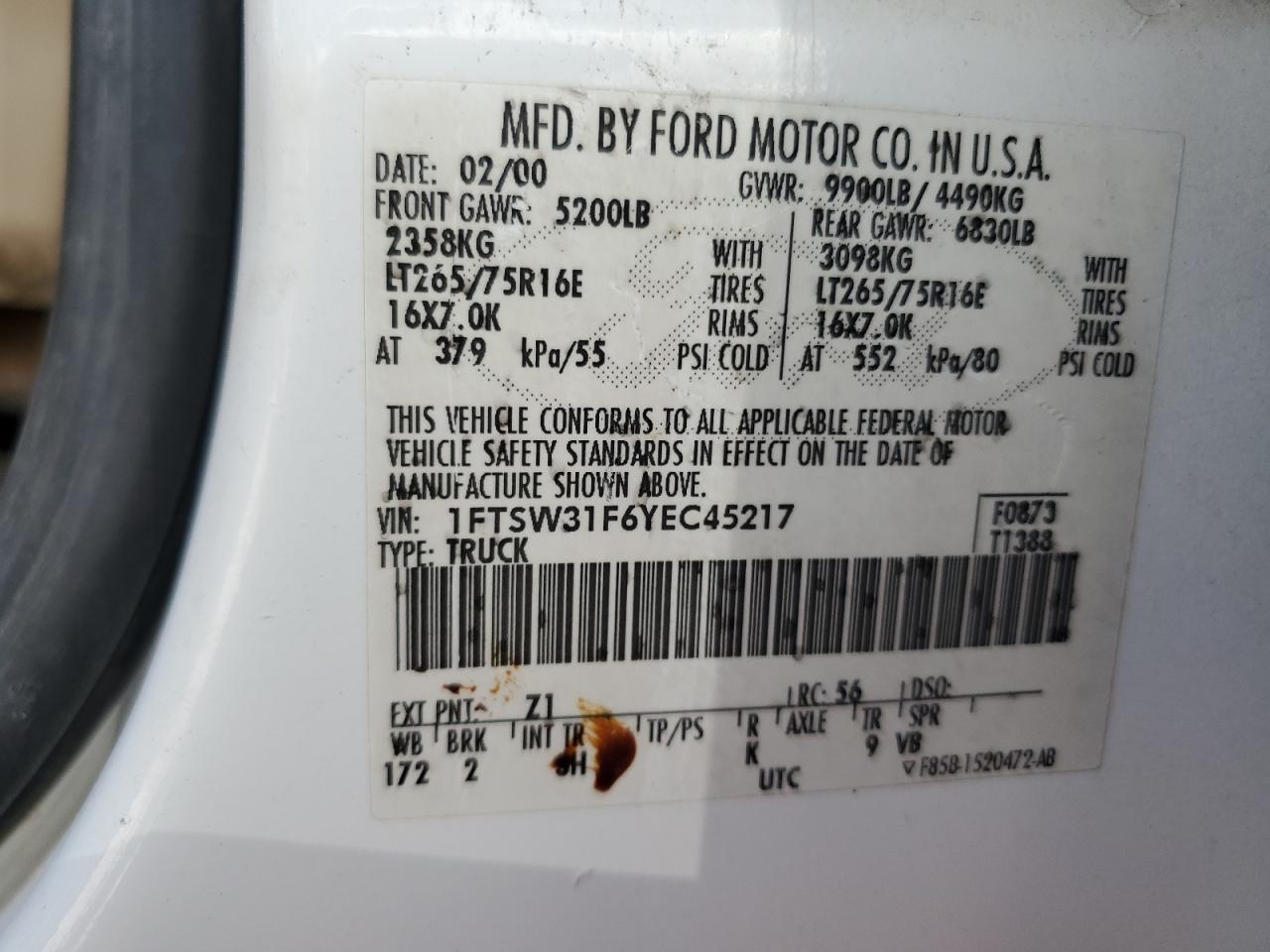 2000 Ford F350 Srw Super Duty VIN: 1FTSW31F6YEC45217 Lot: 67530554