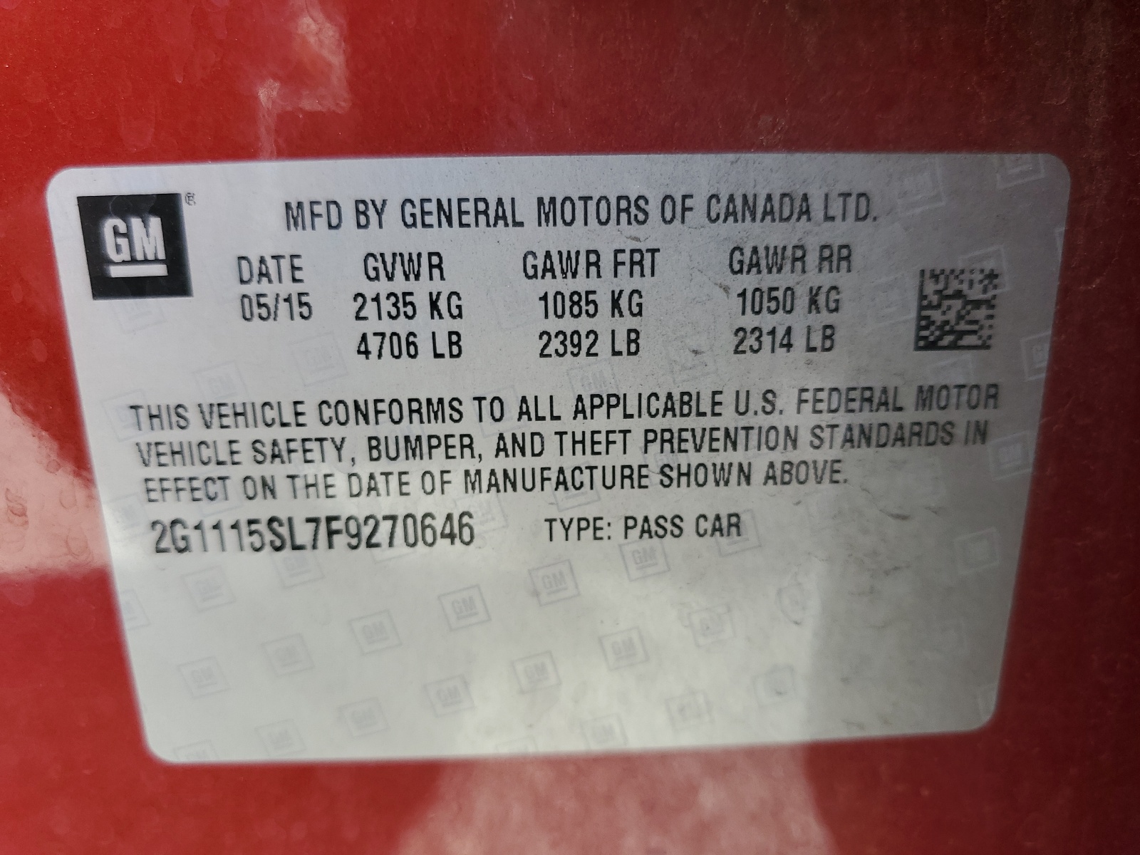 2G1115SL7F9270646 2015 Chevrolet Impala Lt