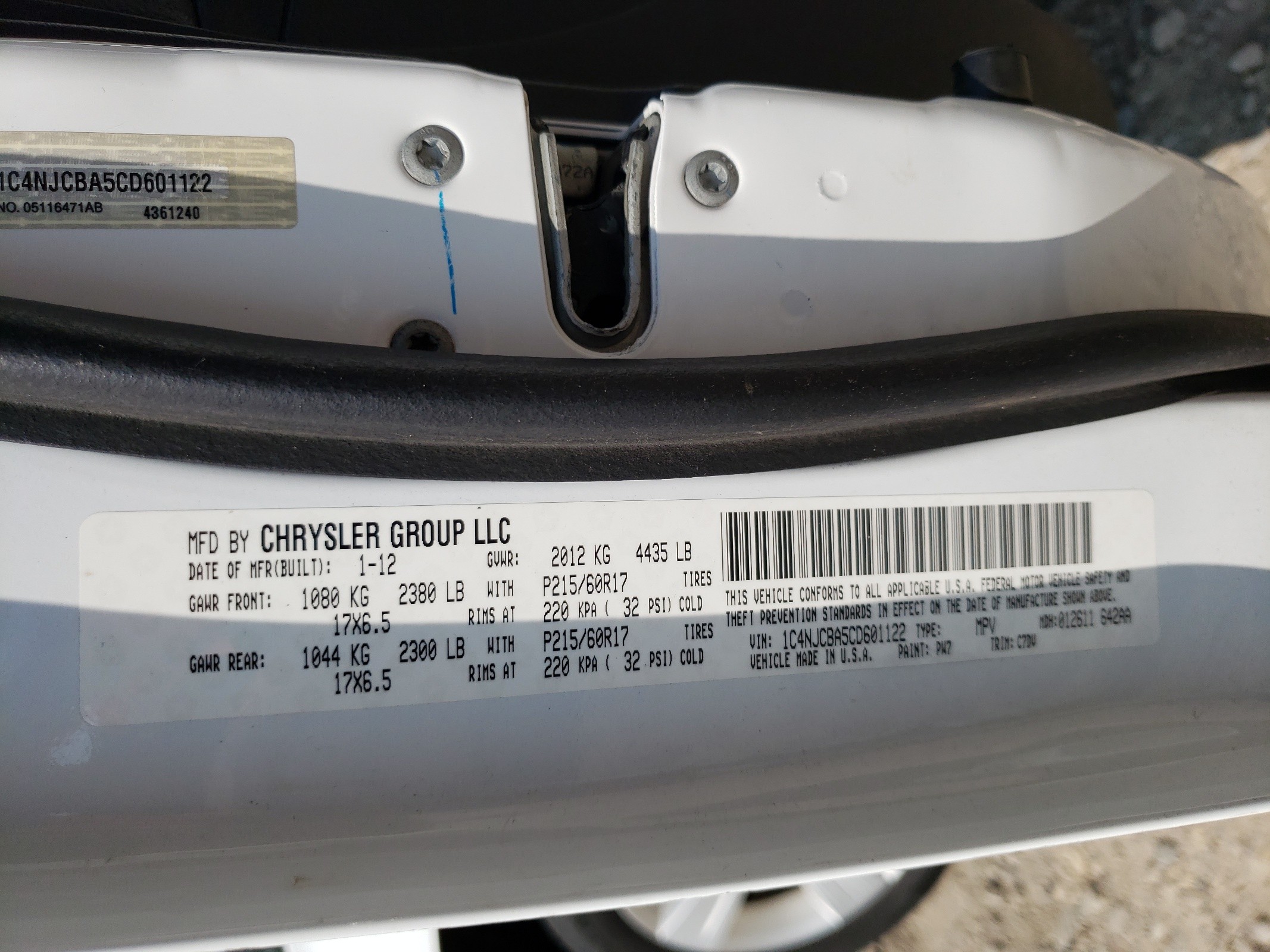 1C4NJCBA5CD601122 2012 Jeep Compass Sport