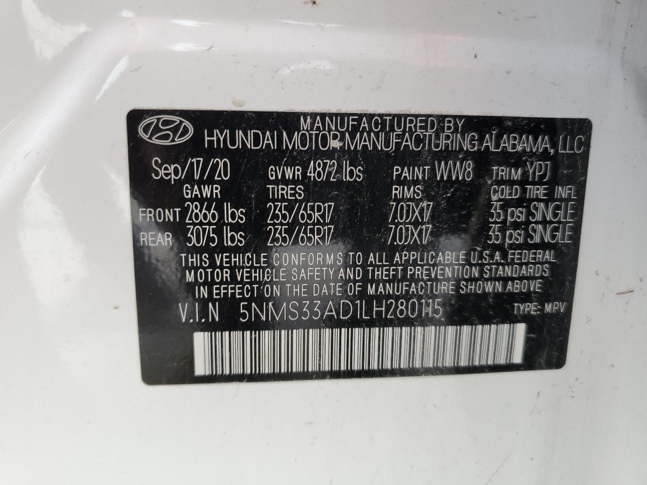 2020 Hyundai Santa Fe Sel vin: 5NMS33AD1LH280115