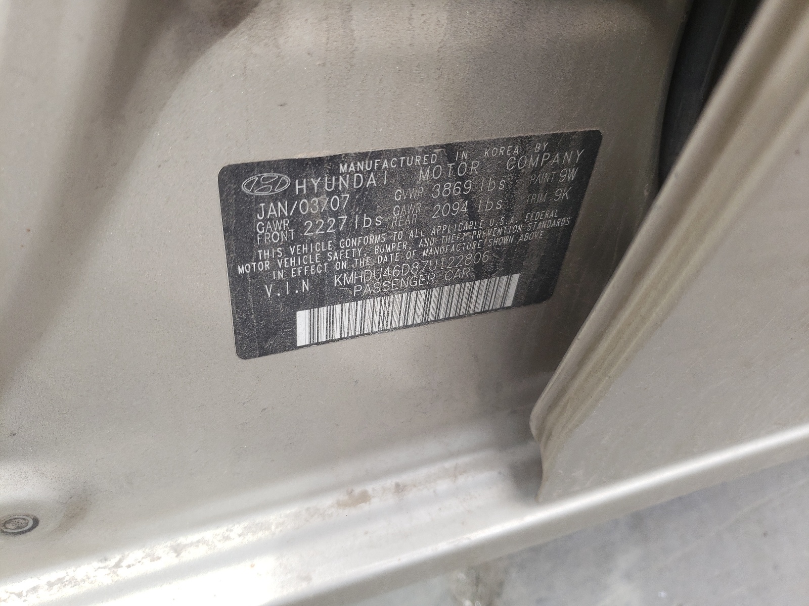 KMHDU46D87U122806 2007 Hyundai Elantra Gls