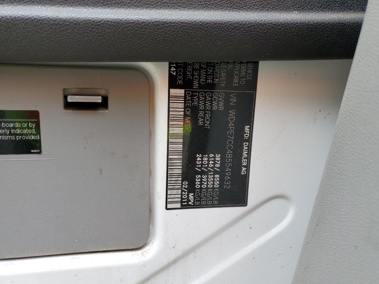 2011 Mercedes-Benz Sprinter 2500 VIN: WD4PE7CC4B5549632 Lot: 65377224