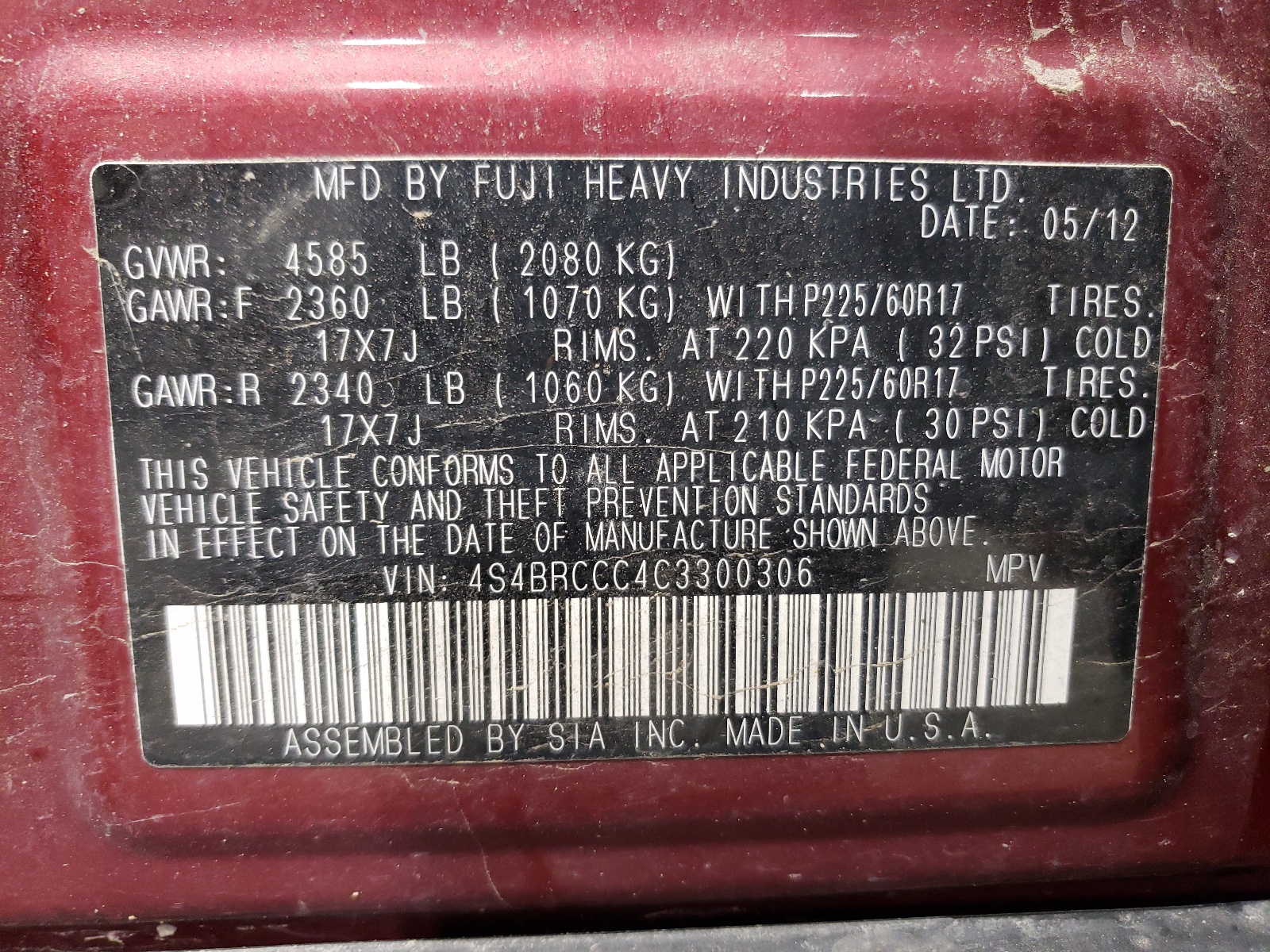 4S4BRCCC4C3300306 2012 Subaru Outback 2.5I Premium