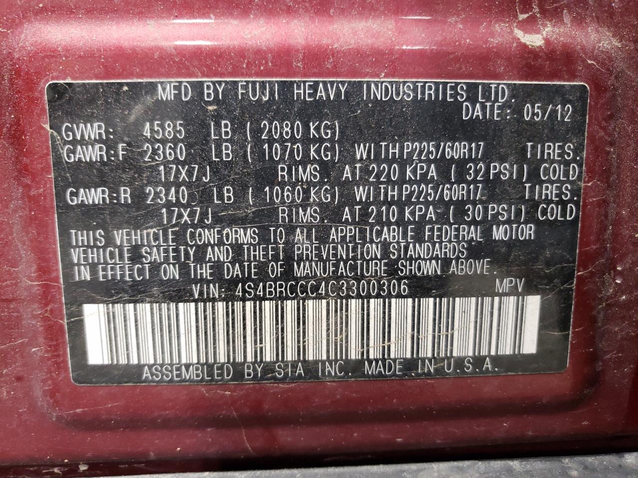 2012 Subaru Outback 2.5I Premium VIN: 4S4BRCCC4C3300306 Lot: 67720724