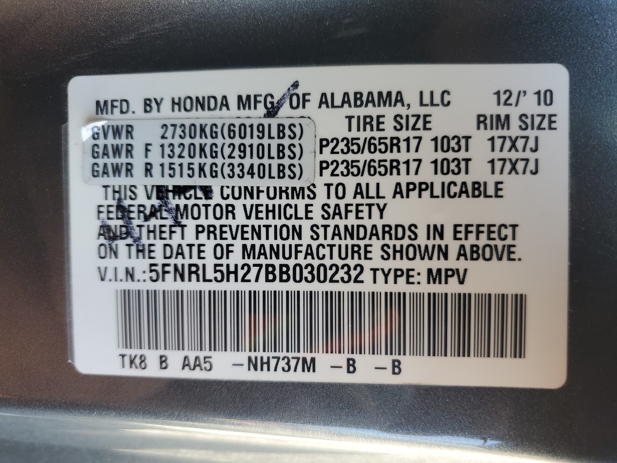 5FNRL5H27BB030232 2011 Honda Odyssey Lx