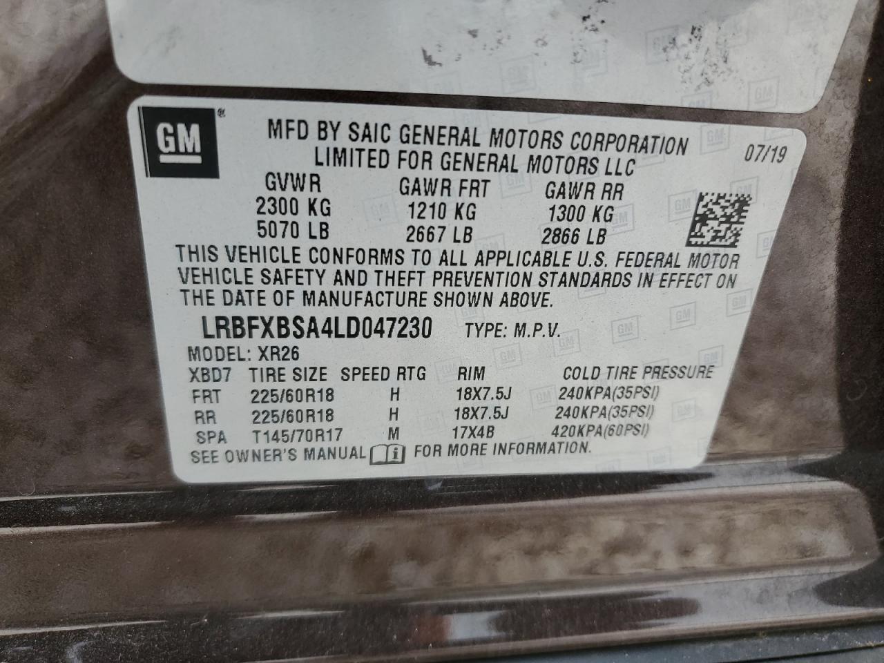 2020 Buick Envision Preferred VIN: LRBFXBSA4LD047230 Lot: 67984414