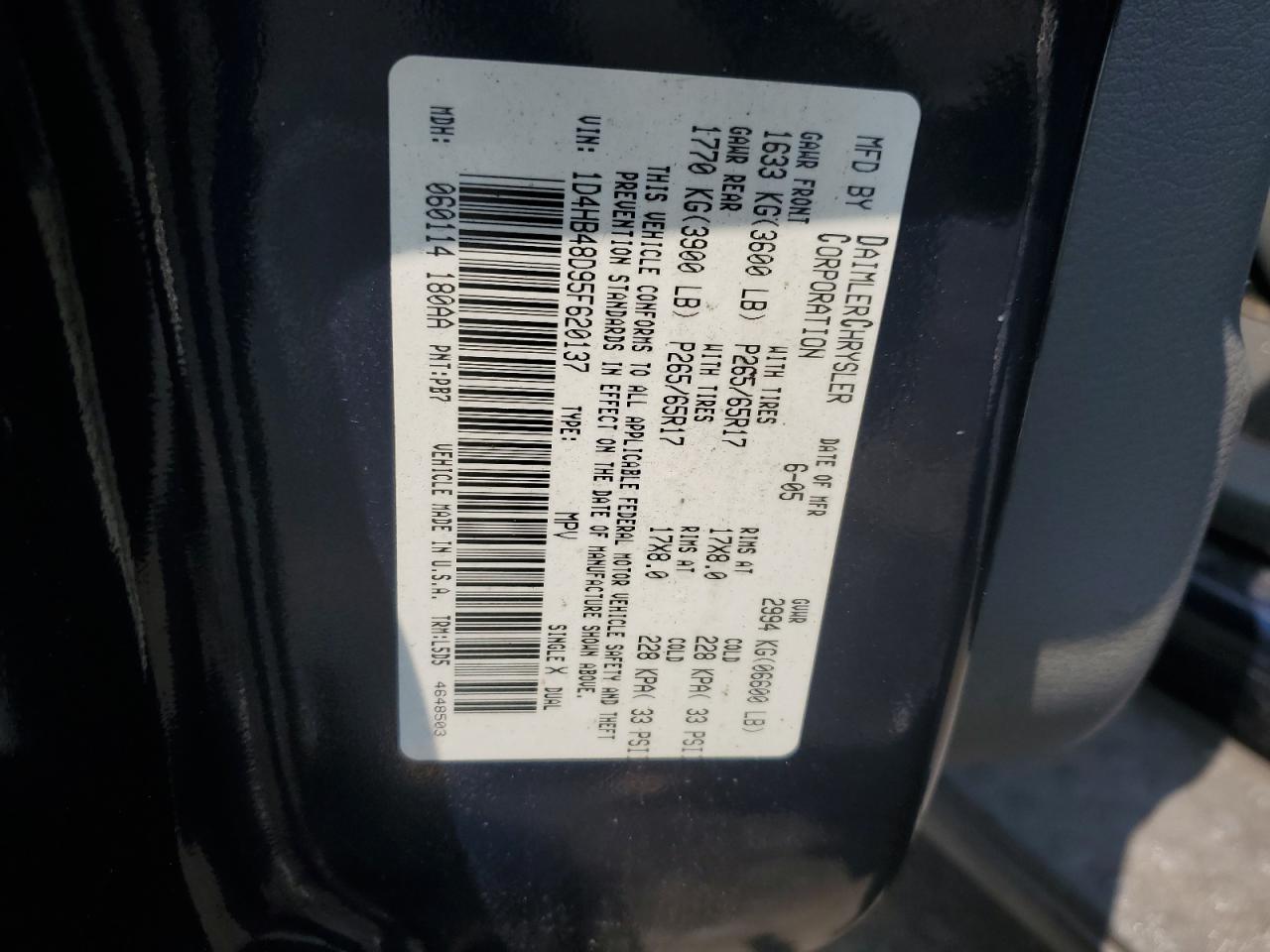 2005 Dodge Durango Slt VIN: 1D4HB48D95F620137 Lot: 59238054