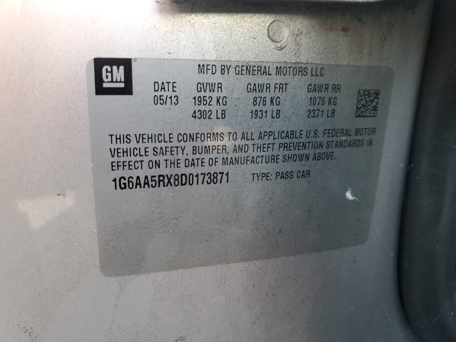 1G6AA5RX8D0173871 2013 Cadillac Ats