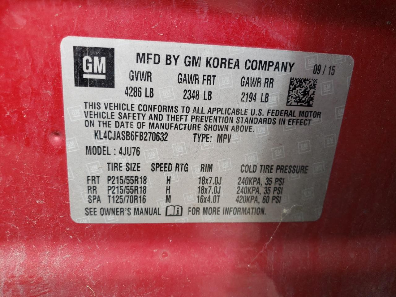 2015 BUICK ENCORE with MECHANICAL damage, VIN KL4CJASB6FB270632