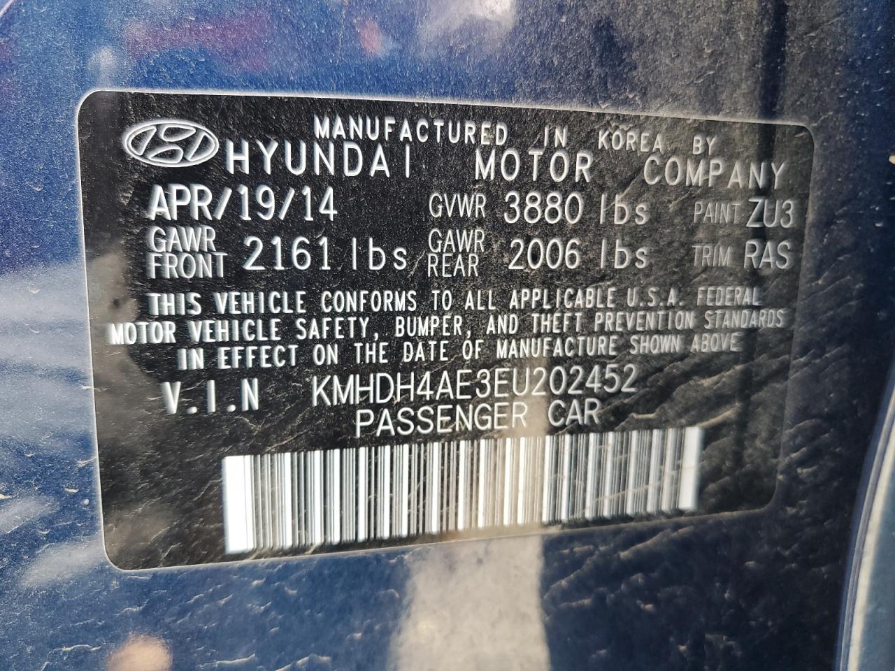 KMHDH4AE3EU202452 2014 Hyundai Elantra Se