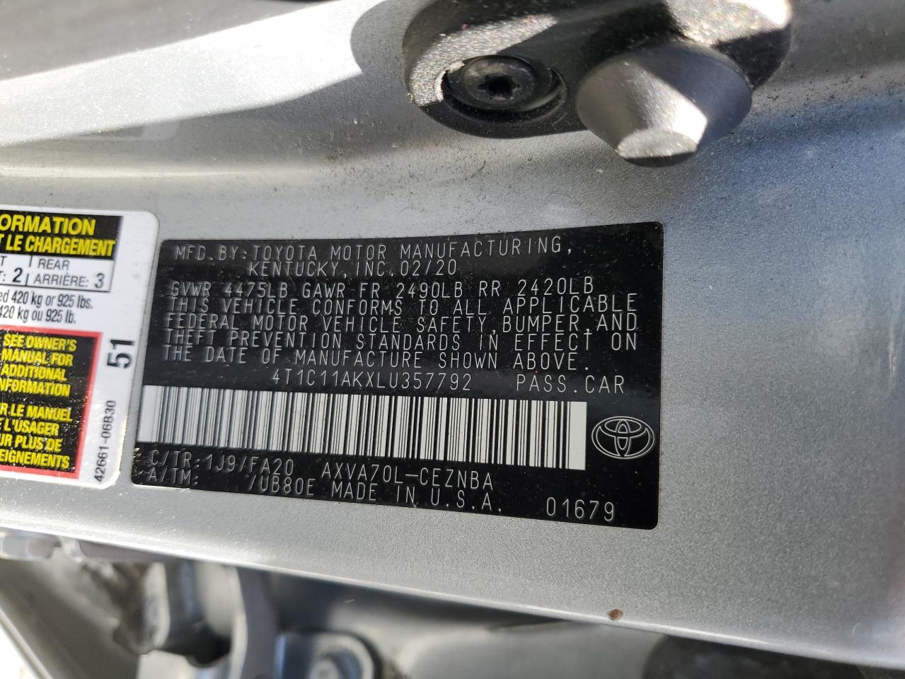 4T1C11AKXLU357792 2020 Toyota Camry Le