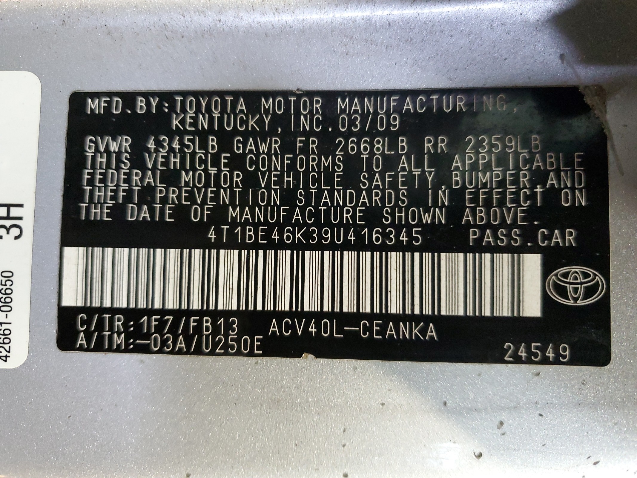 4T1BE46K39U416345 2009 Toyota Camry Se/Le/Xle