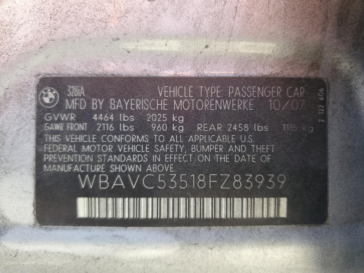 2008 BMW 328 I Sulev VIN: WBAVC53518FZ83939 Lot: 67492384