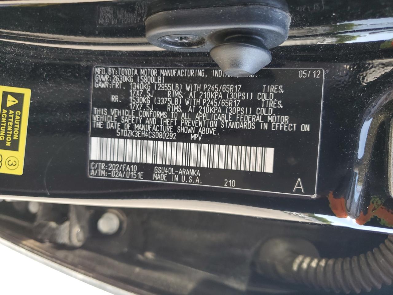 5TDZK3EH4CS080292 2012 Toyota Highlander Base