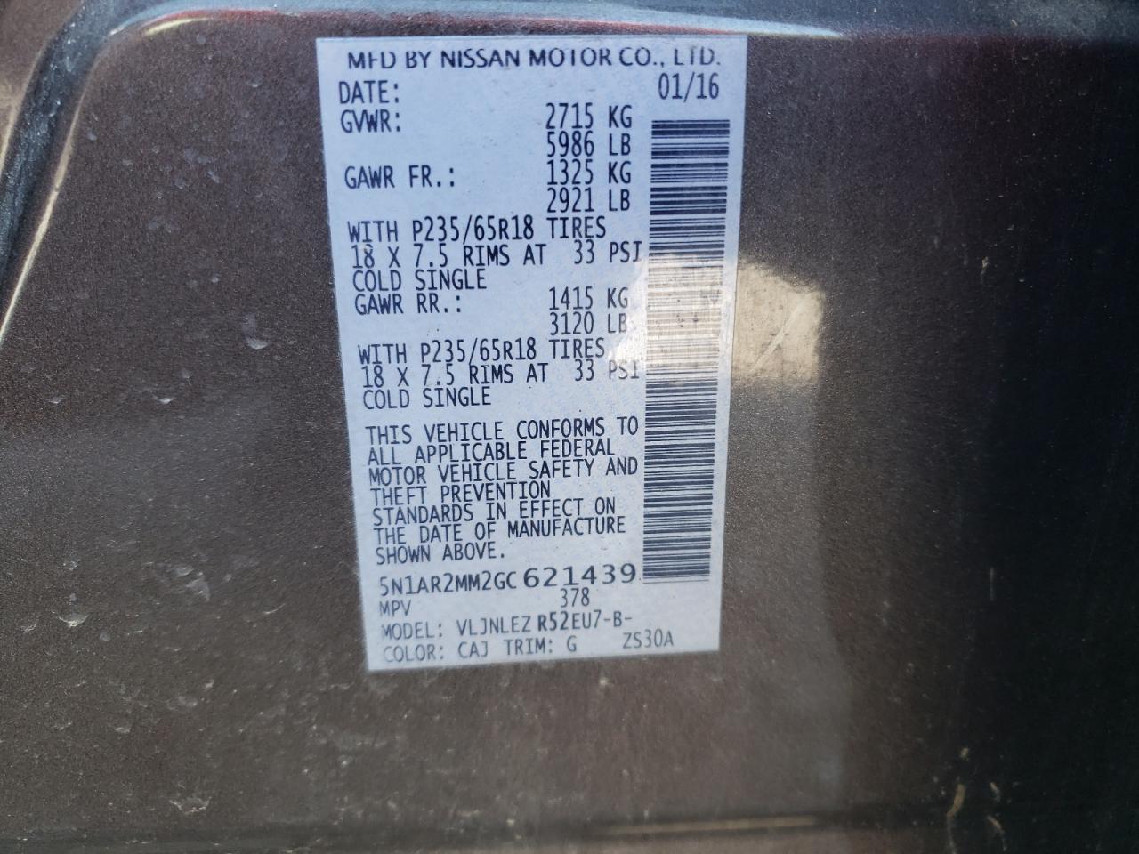 2016 Nissan Pathfinder S VIN: 5N1AR2MM2GC621439 Lot: 66160134