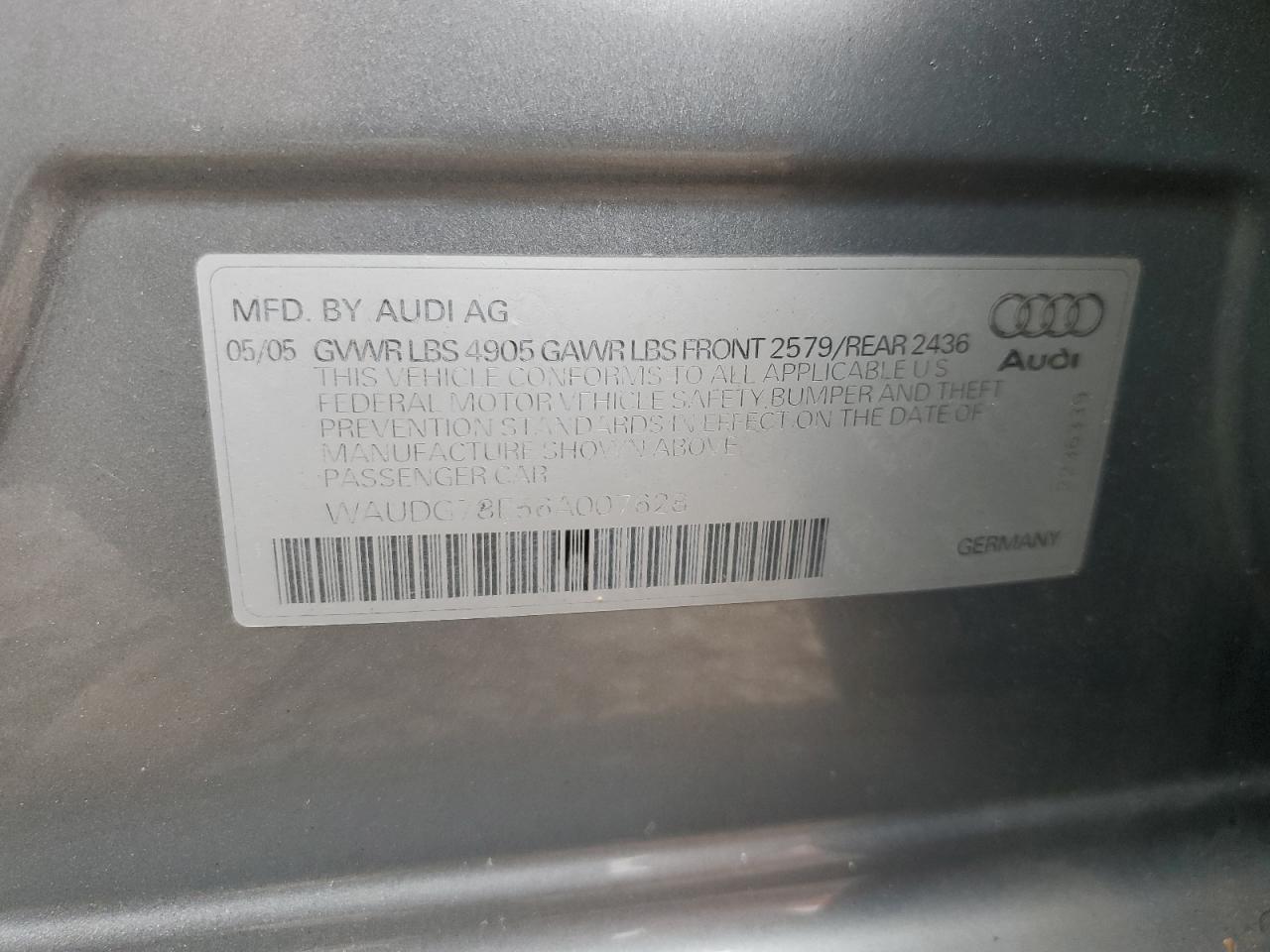 2006 Audi A4 3.2 Quattro VIN: WAUDG78E56A007628 Lot: 69539664