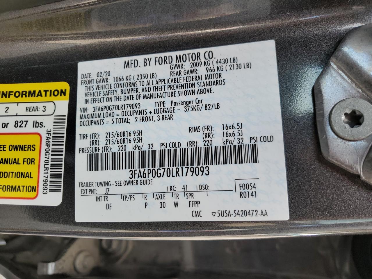 3FA6P0G70LR179093 2020 Ford Fusion S