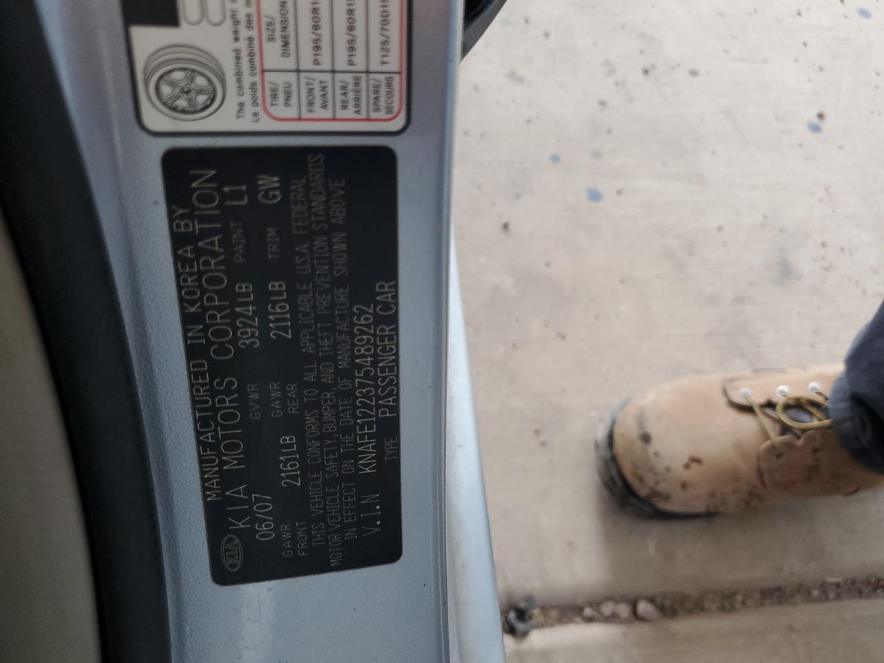 2007 Kia Spectra Ex VIN: KNAFE122375489262 Lot: 64908384