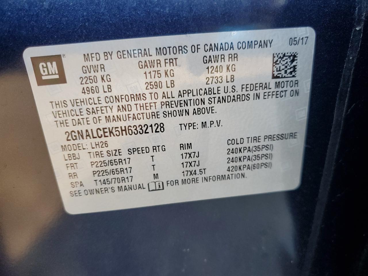 2GNALCEK5H6332128 2017 Chevrolet Equinox Lt