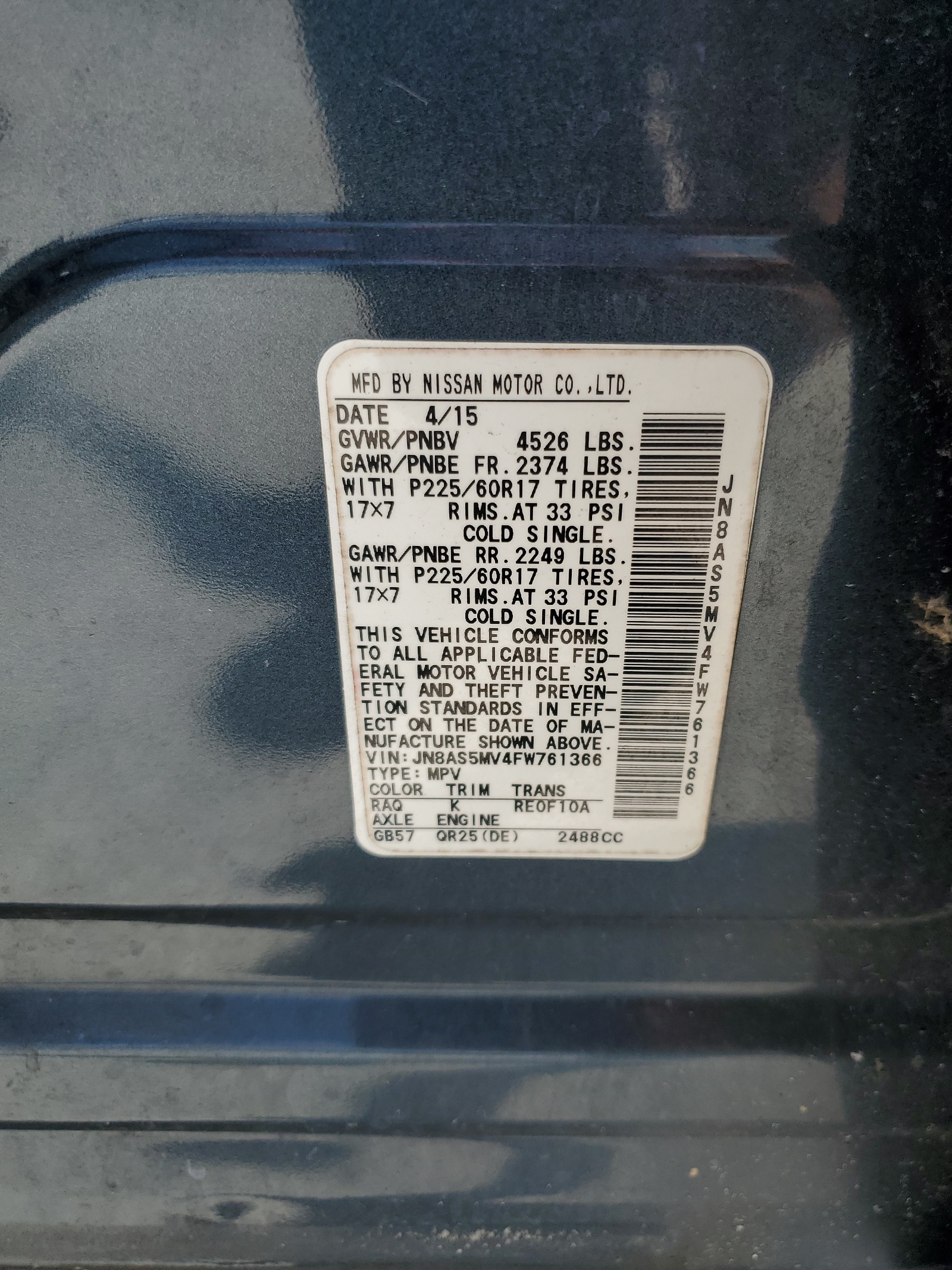 JN8AS5MV4FW761366 2015 Nissan Rogue Select S