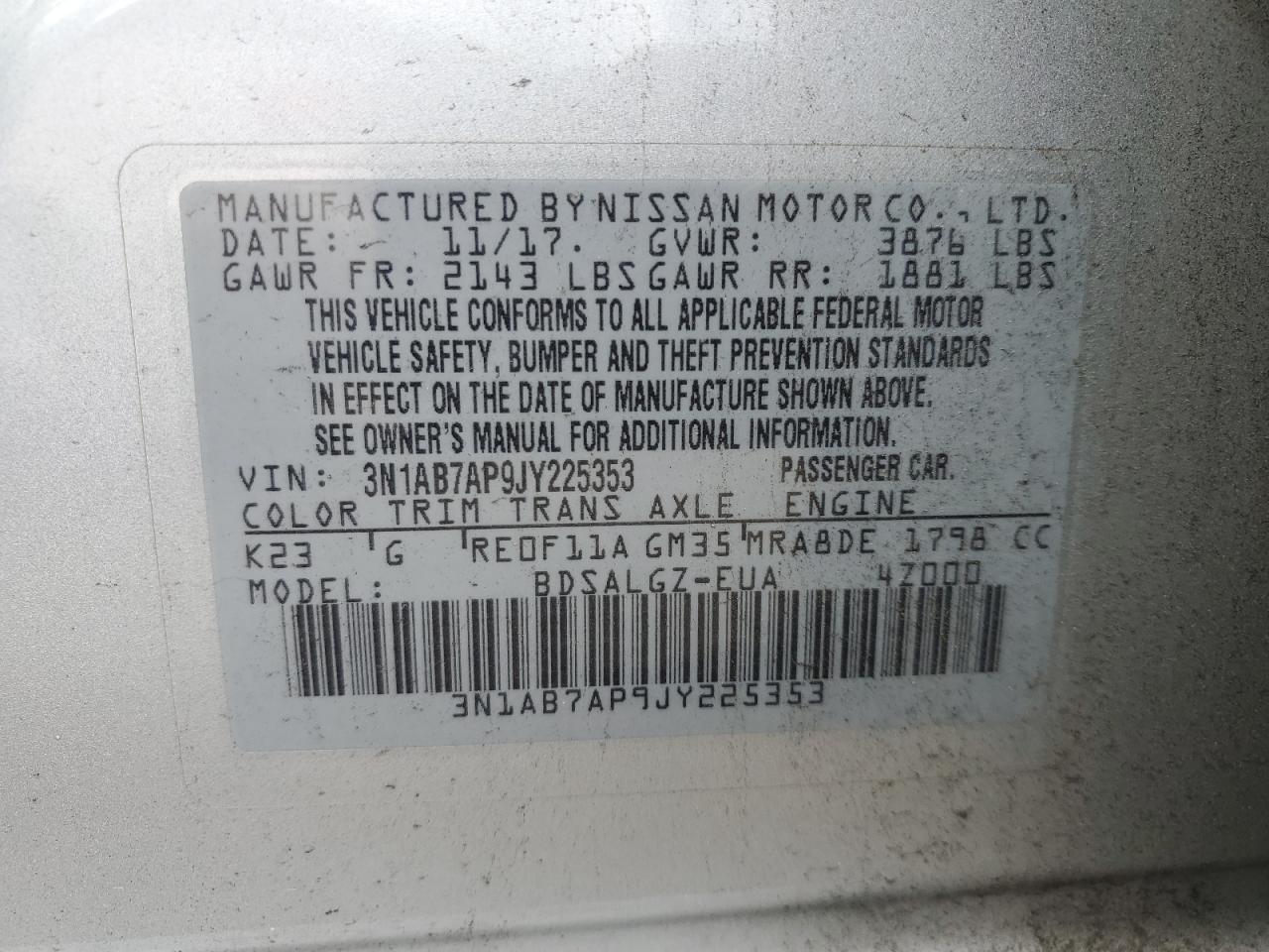 3N1AB7AP9JY225353 2018 Nissan Sentra S