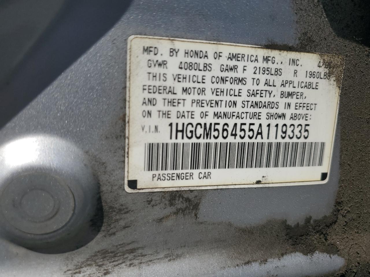 2005 Honda Accord Lx VIN: 1HGCM56455A119335 Lot: 66104134