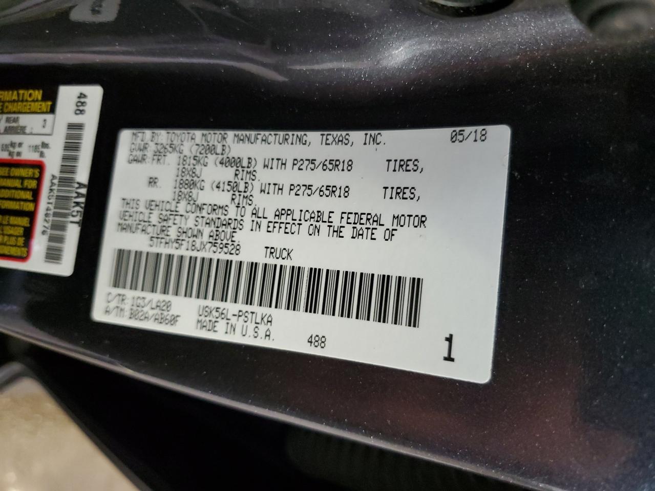 2018 Toyota Tundra Crewmax Limited VIN: 5TFHY5F18JX759528 Lot: 67921964