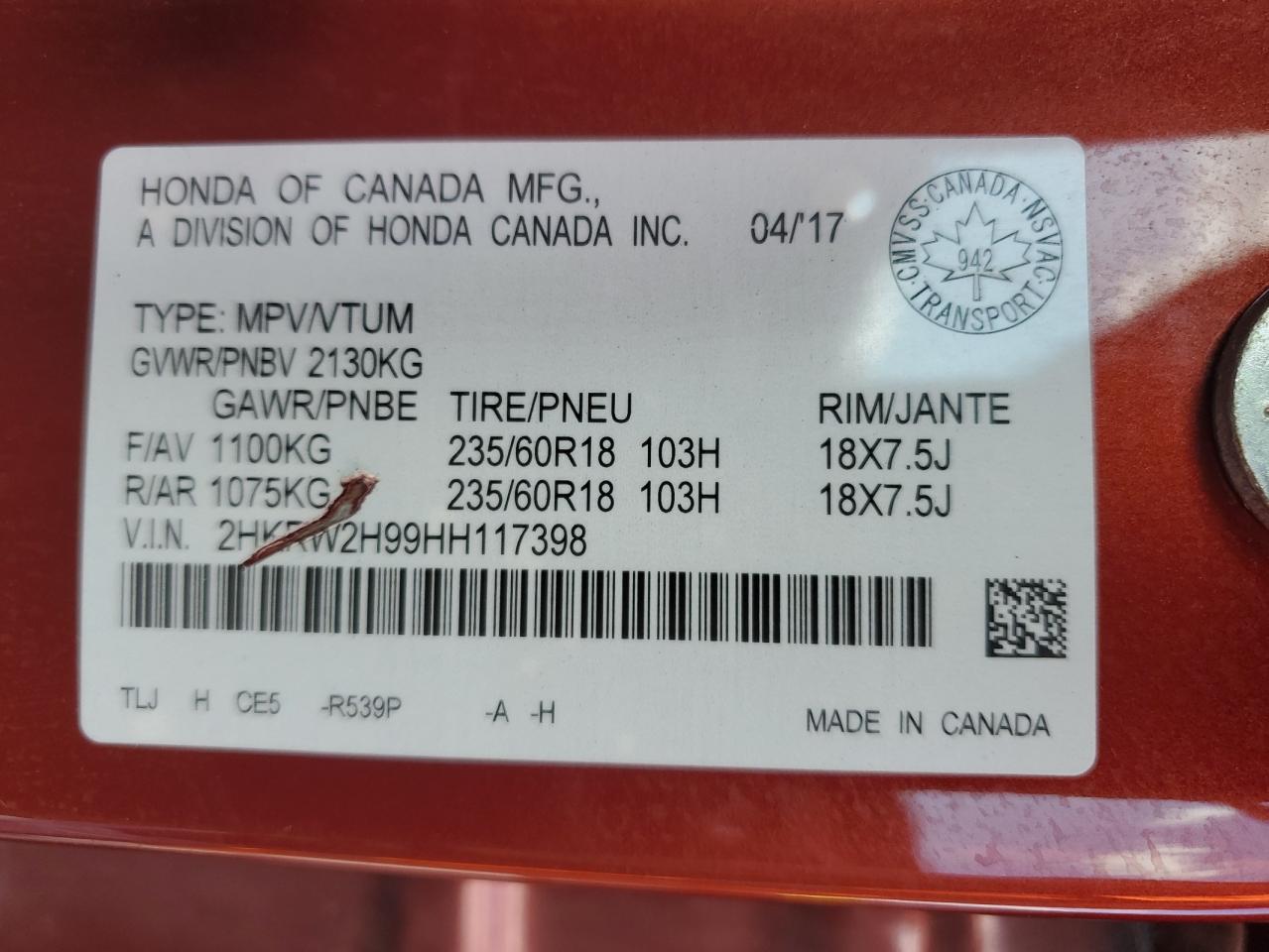 2017 Honda Cr-V Touring VIN: 2HKRW2H99HH117398 Lot: 68807774